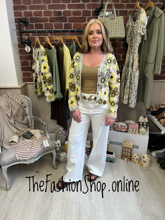 Maddy yellow and green embellished crochet cardigan 8-10 and 12-14