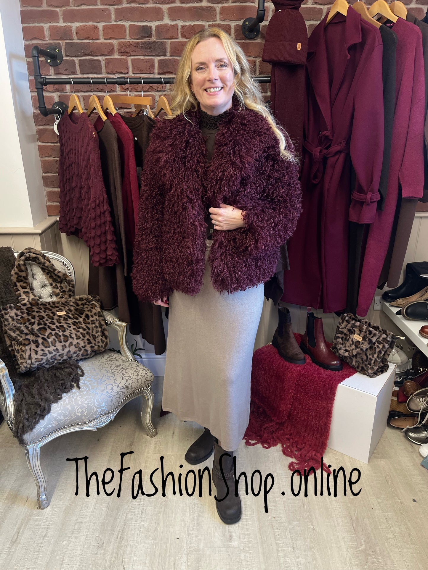 Abigail wine shaggy fur jacket sizes 12, 14 and 16