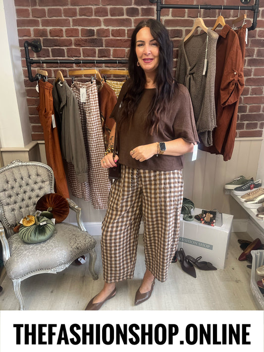 Astrid brown and mocha gingham balloon trousers 8-16