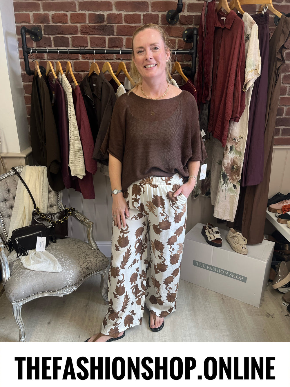 Yvette brown botanical print trousers 10-14