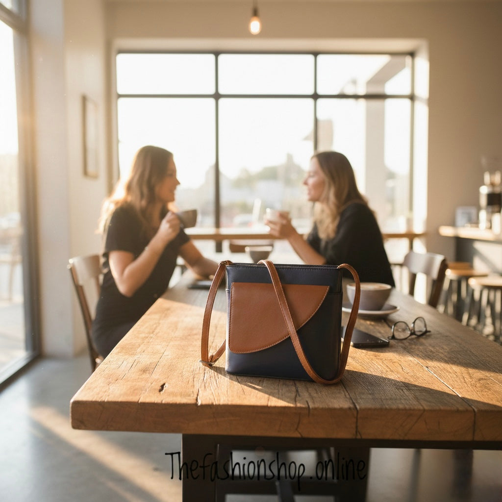 Ladies Binocular Cross Body Bag in Navy and Tan