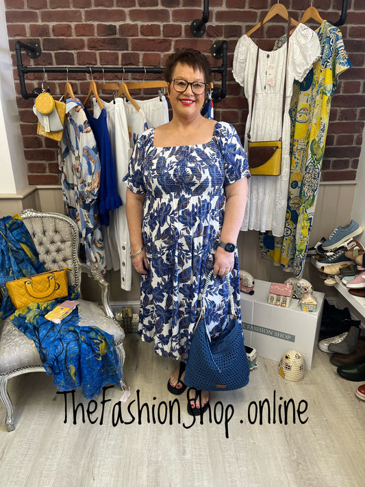 Penny blue and white square neck dress 8-18