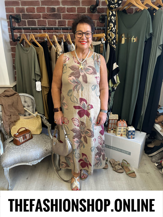 Meghan sand floral linen dress 12-16
