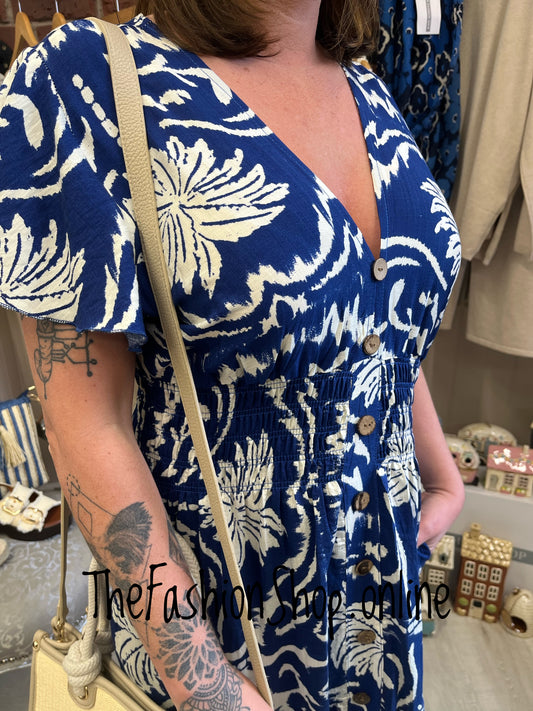 Harmony navy and cream printed dress 10-18