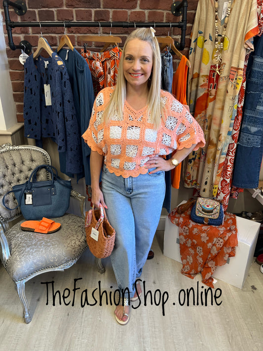 Charlotte coral and white crochet top 8-12