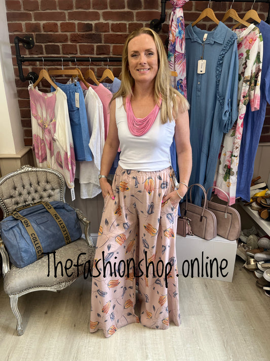 Polly pink linen mix wide leg trousers 10-16