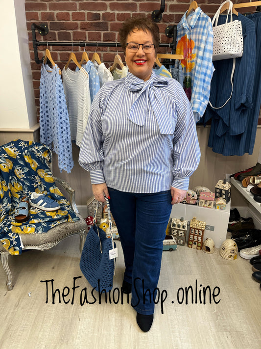 Ella denim blue striped tie neck blouse 12-20
