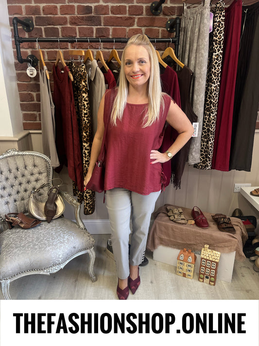 Zuri wine side tie top 8-14