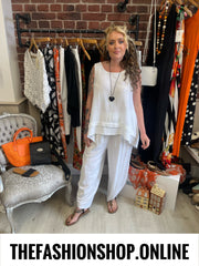 Maya white linen mix dipped hem top 8-14