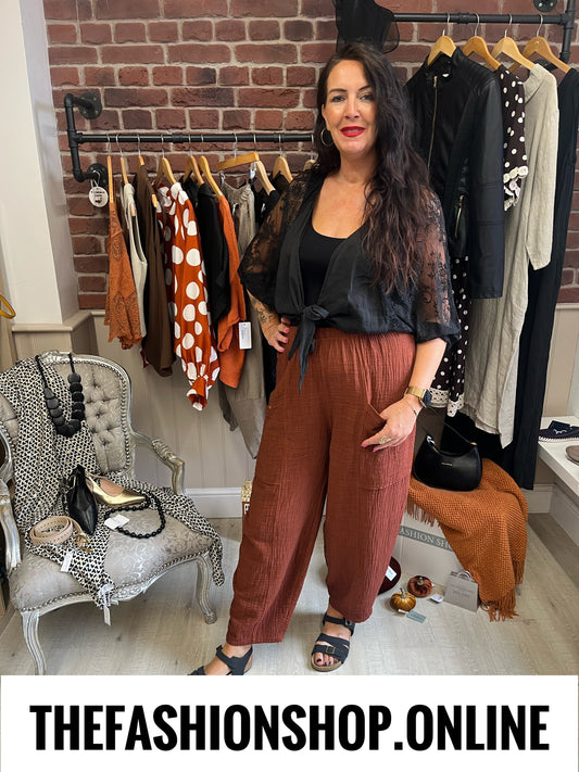 Lydia cinnamon cheesecloth trousers 10-16