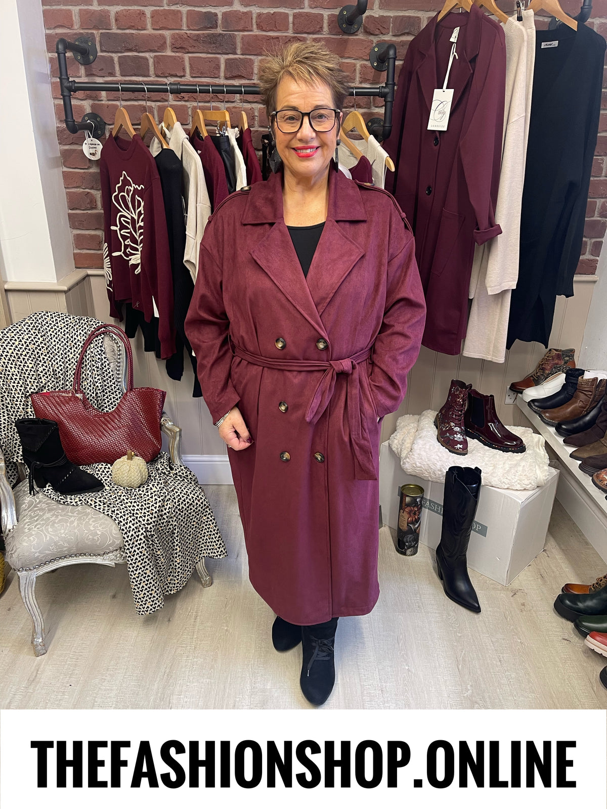 Lulu wine faux suede double breasted coat 14-20