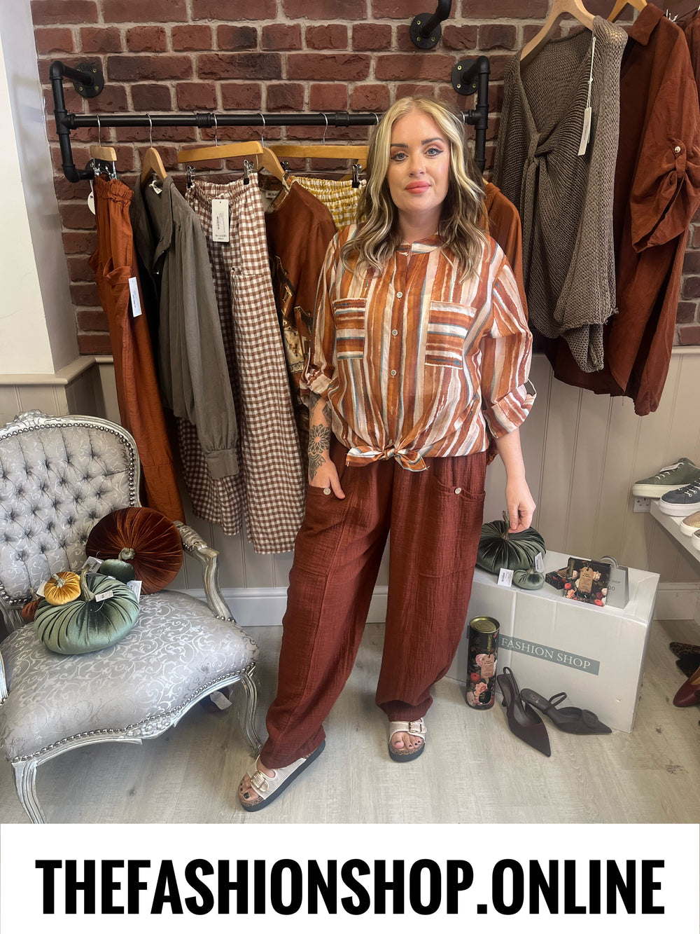 Payton tan striped high low blouse 10-18
