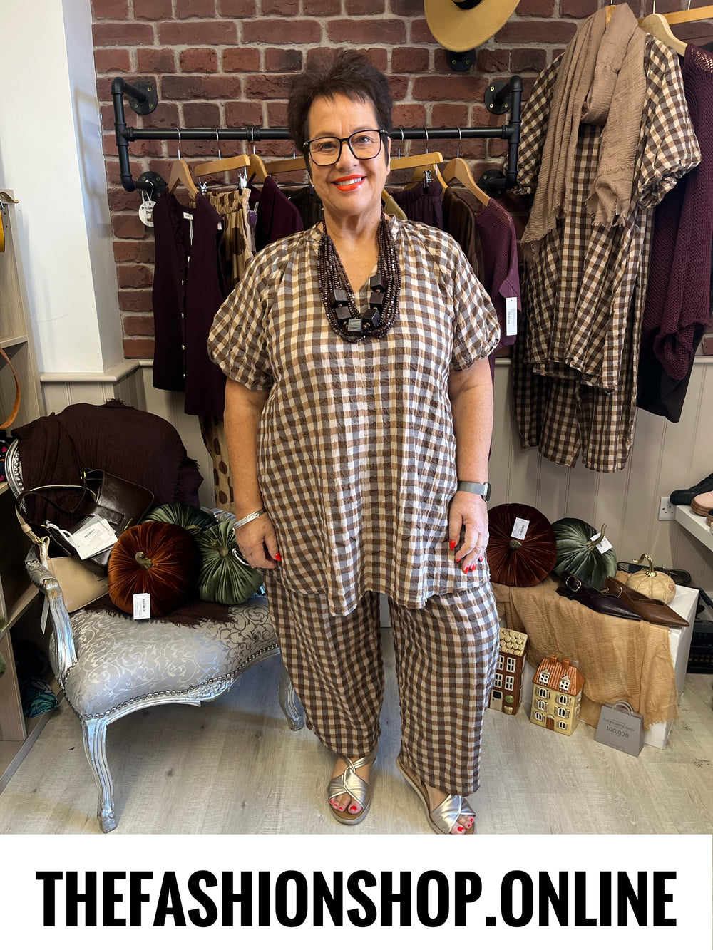 Astrid brown and mocha gingham balloon trousers 8-16