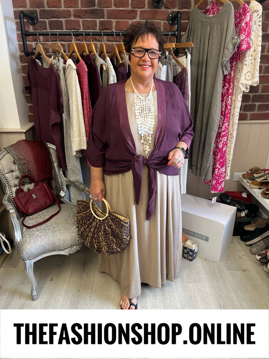 Harriett mulberry tie front shrug 12-22