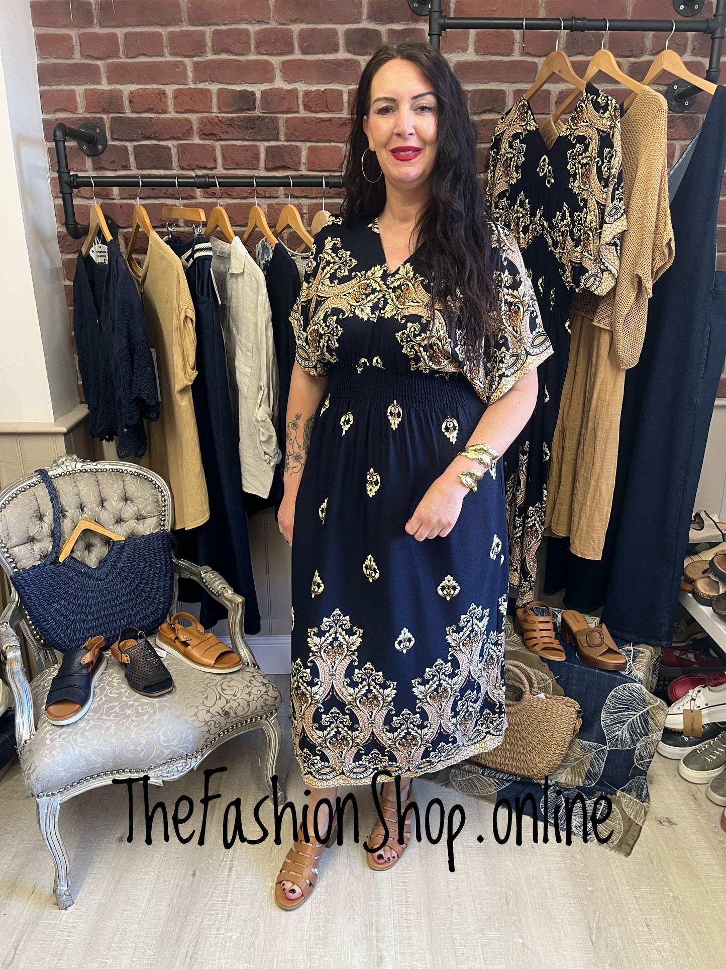 Maria navy and gold dress sizes 10-12, 14-16 and 18