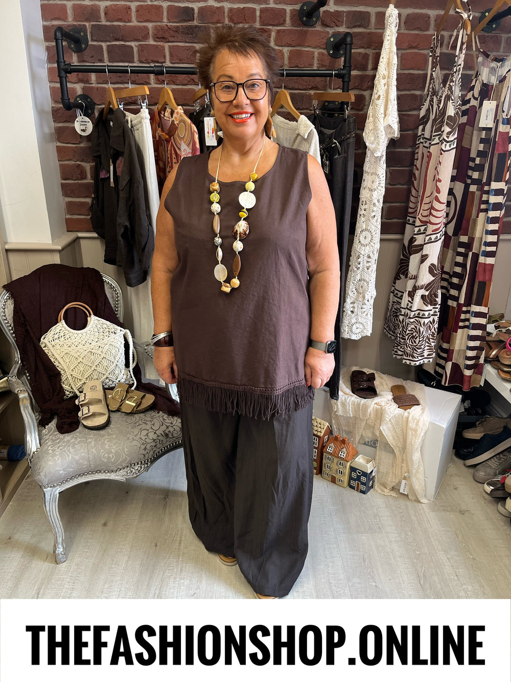 Saskia brown linen mix tassel top 16-20
