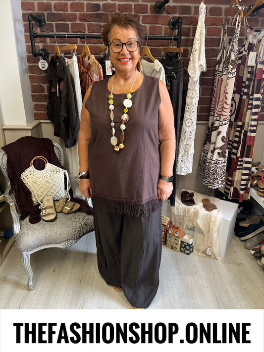 Saskia brown linen mix tassel top 16-20