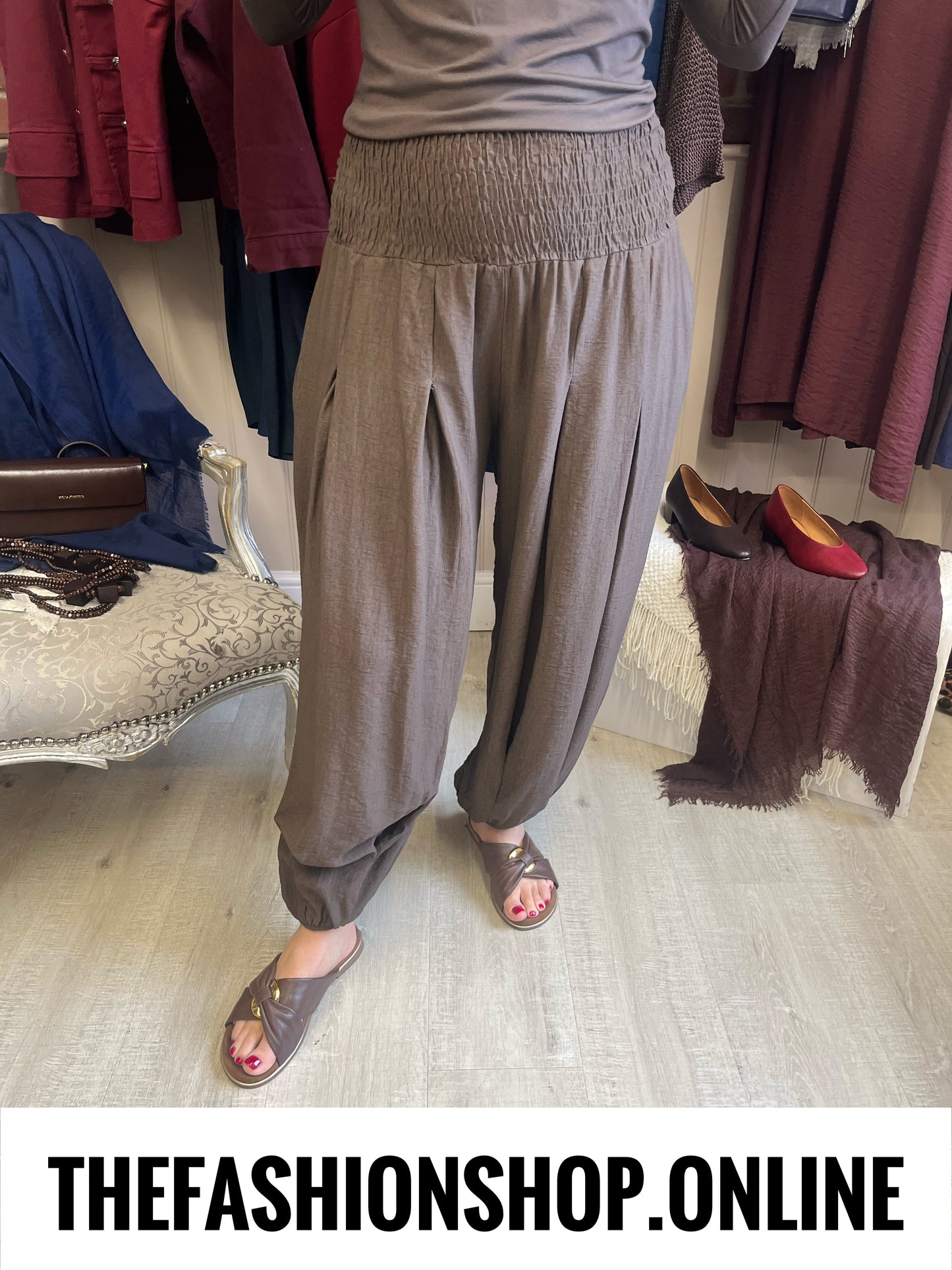 Alice shirred waist brown harem trousers 10-16