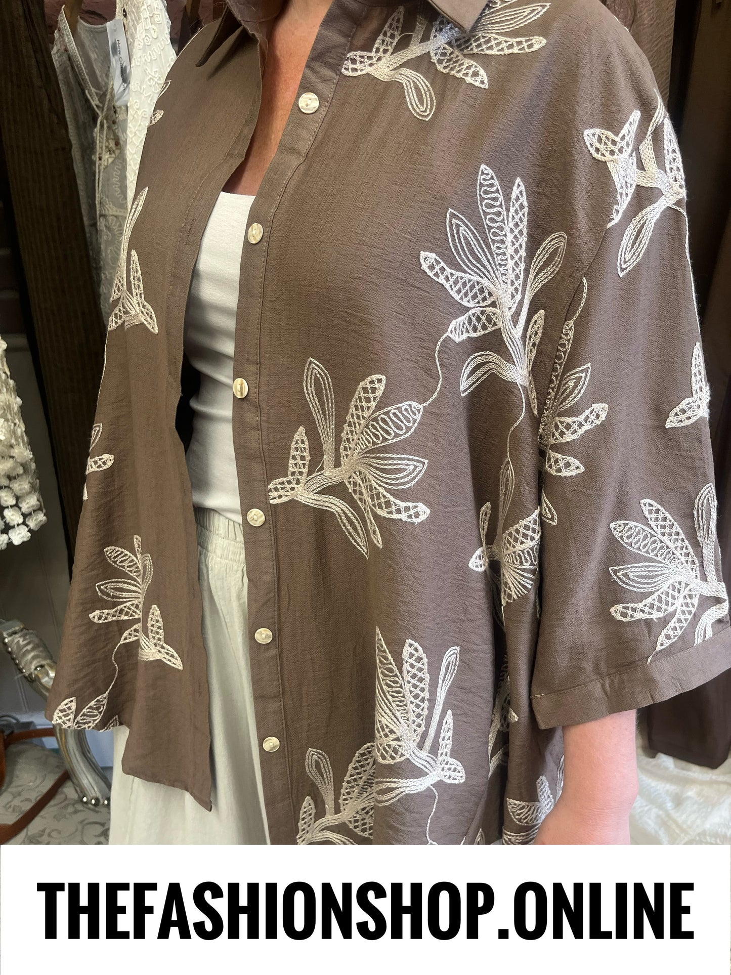 Jemma brown embroidered linen mix shirt 10-14 and 16-18