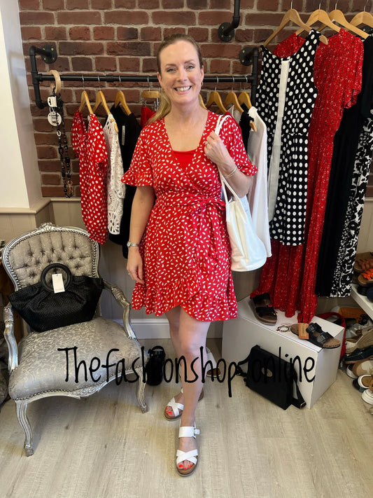 Red and white crossover knee length dress sizes 8-16