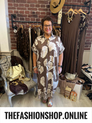 Hannah brown floral linen mix dress 14-22