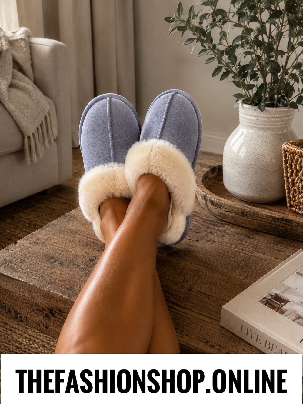 Grey faux suede faux fur slippers 3-8