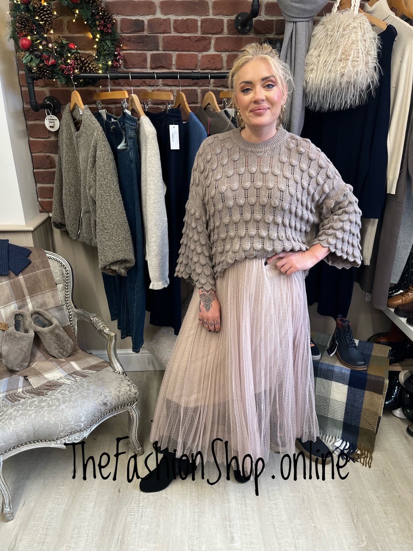 Skyla beige mesh layered skirt 8-14