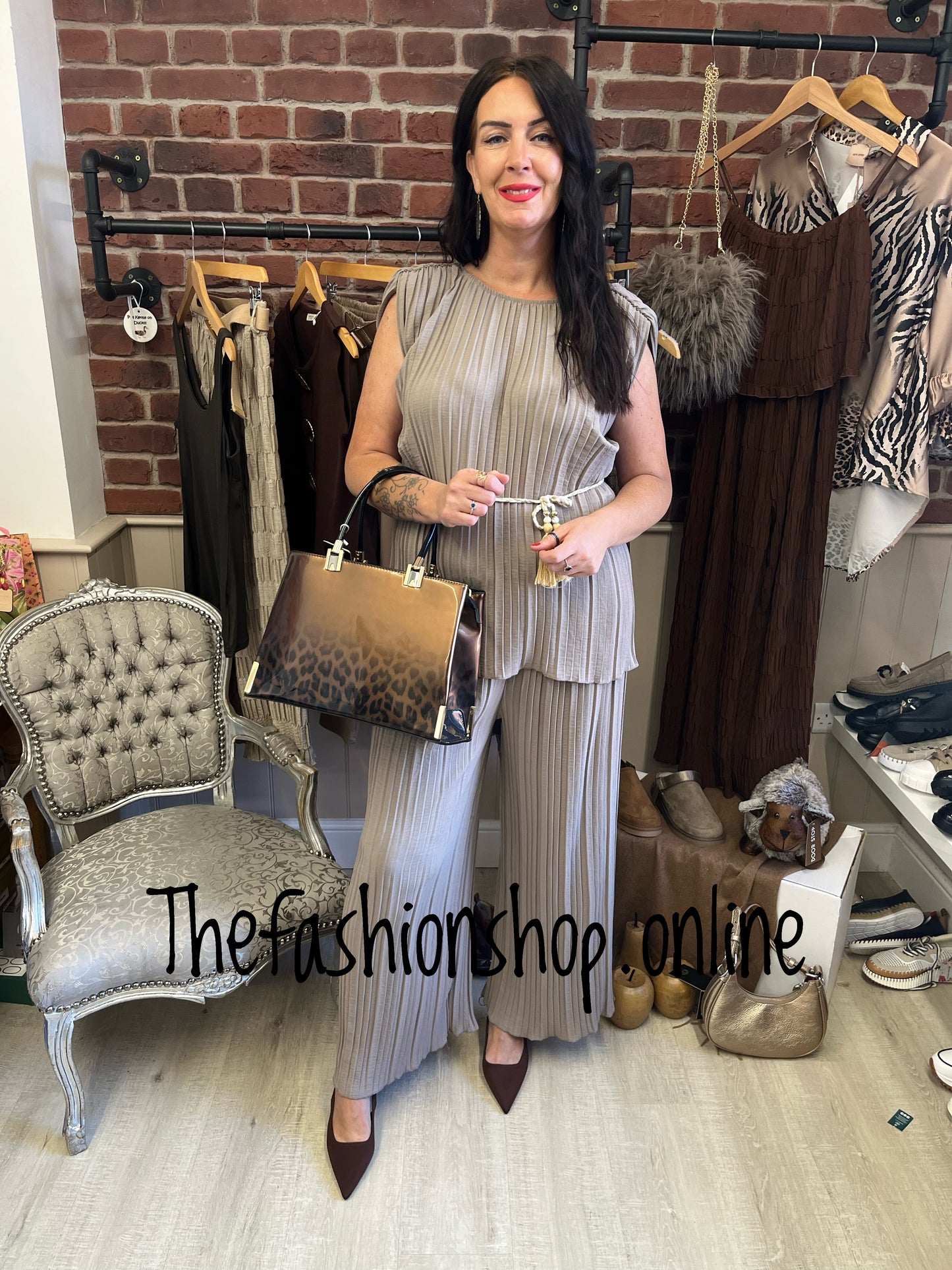 Hermione taupe pleated trouser set 10-18