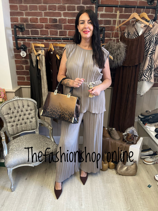 Hermione taupe pleated trouser set 10-18