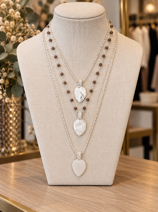 Envy silver and grey beaded layered necklace with heart pendants