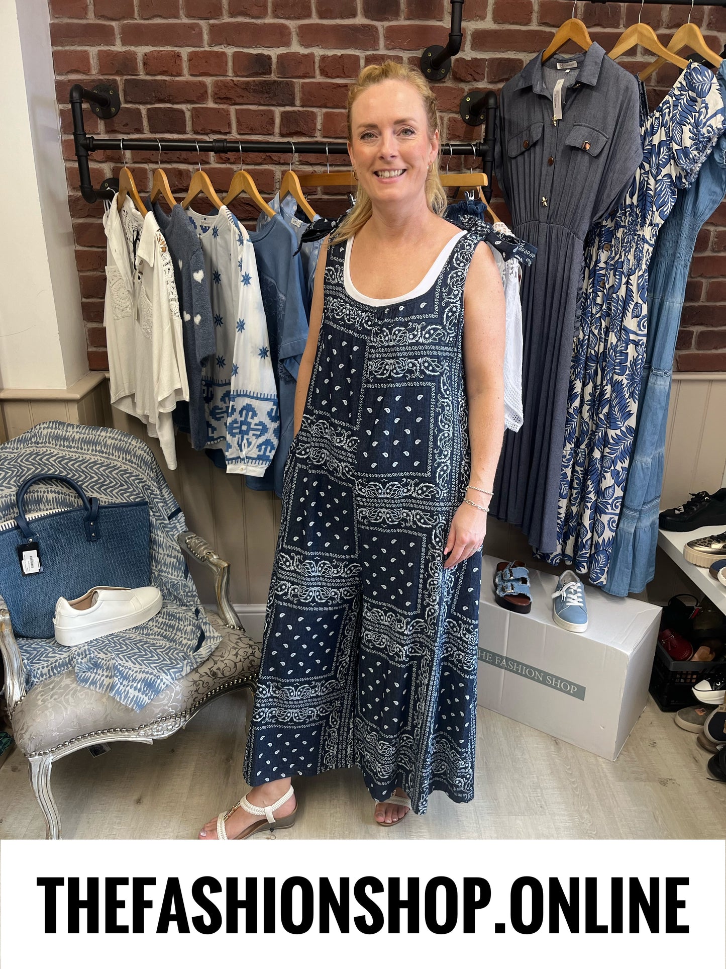 Gracie navy paisley print dungarees 10-16