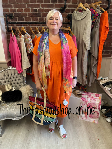 Kali orange linen tulip dress 16-20