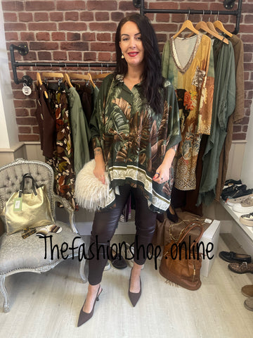 Kara khaki dipped hem leaf shirt 8-18