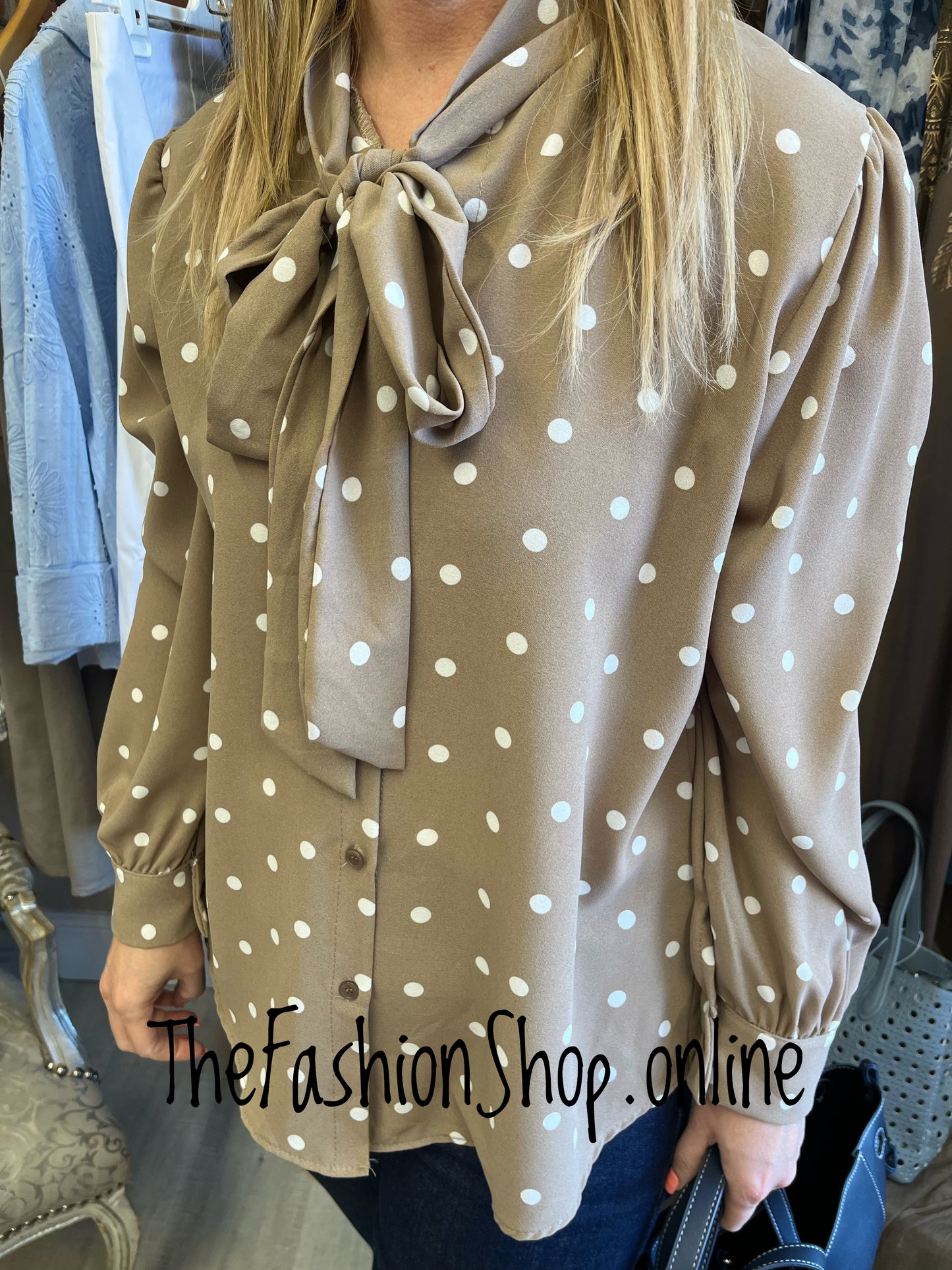Natalie mocha and white spot tie neck blouse 10-14