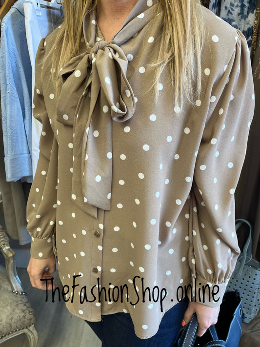 Natalie mocha and white spot tie neck blouse 10-14