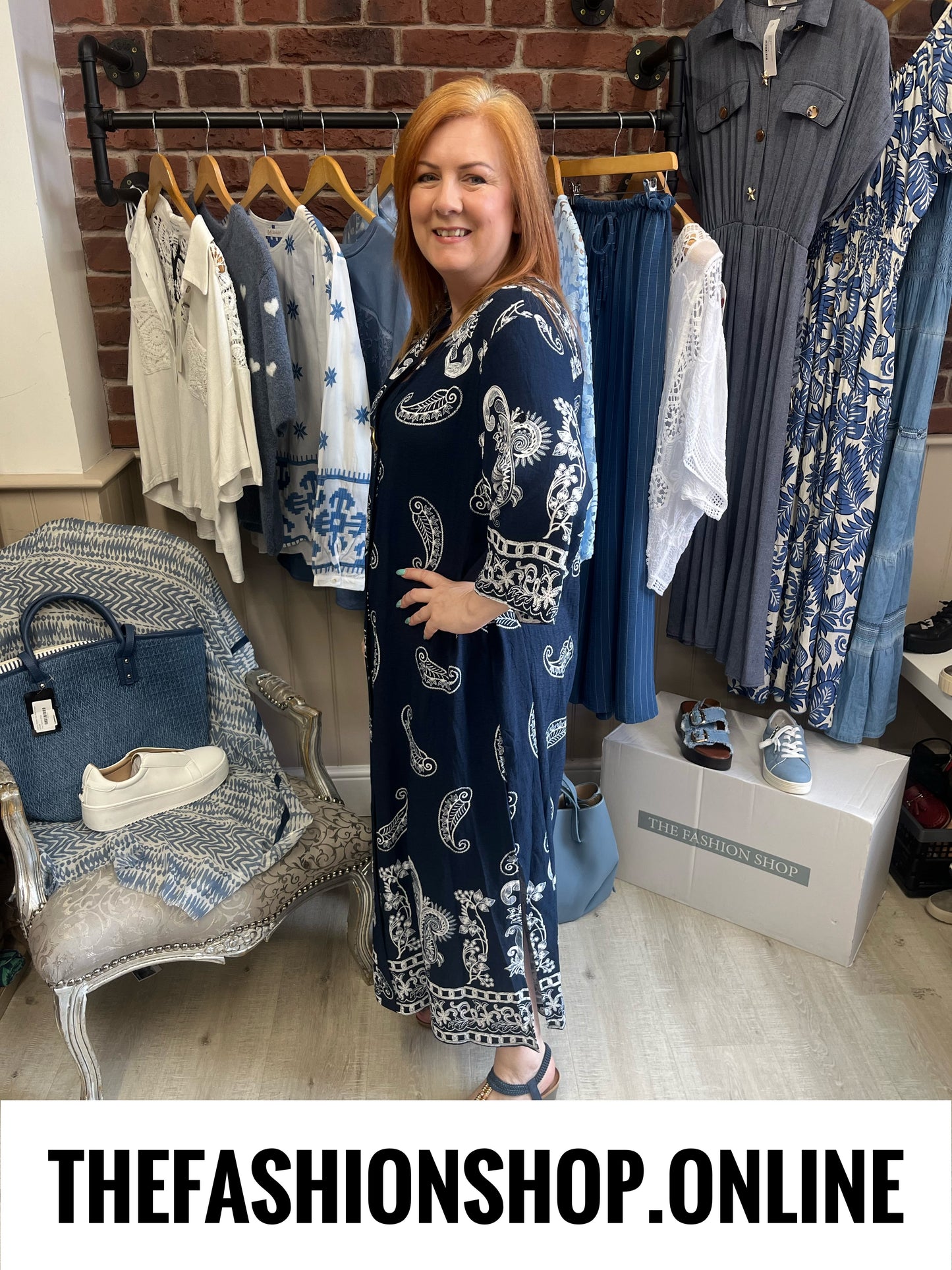 Andrea navy paisley linen mix dress 14-20