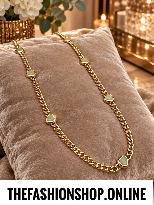 Envy long gold curb necklace with small pale green hearts