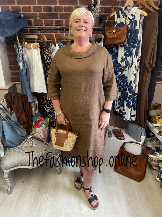 Evelyn brown linen cocoon dress 16-22