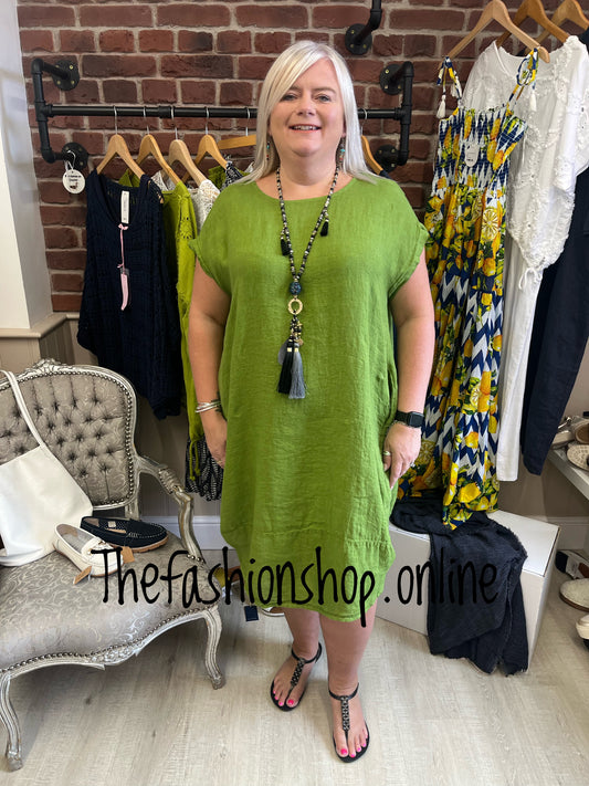 Kali olive linen round neck dress 16-22