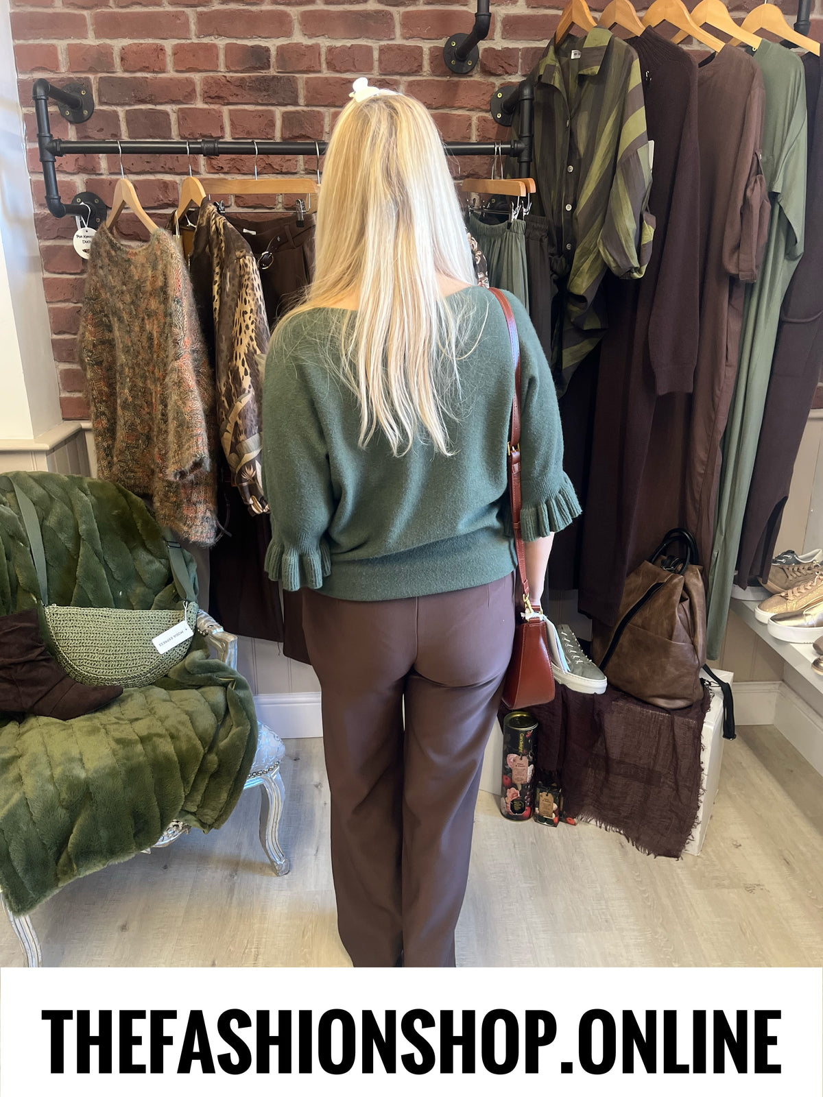 Tess khaki jumper with frill sleeve 8-14