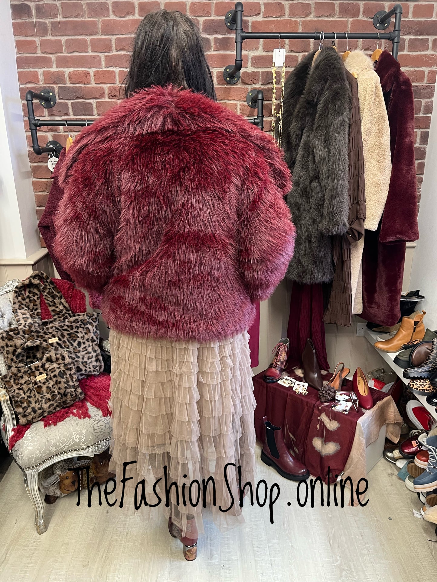 Charlie wine faux fur jacket 12-18