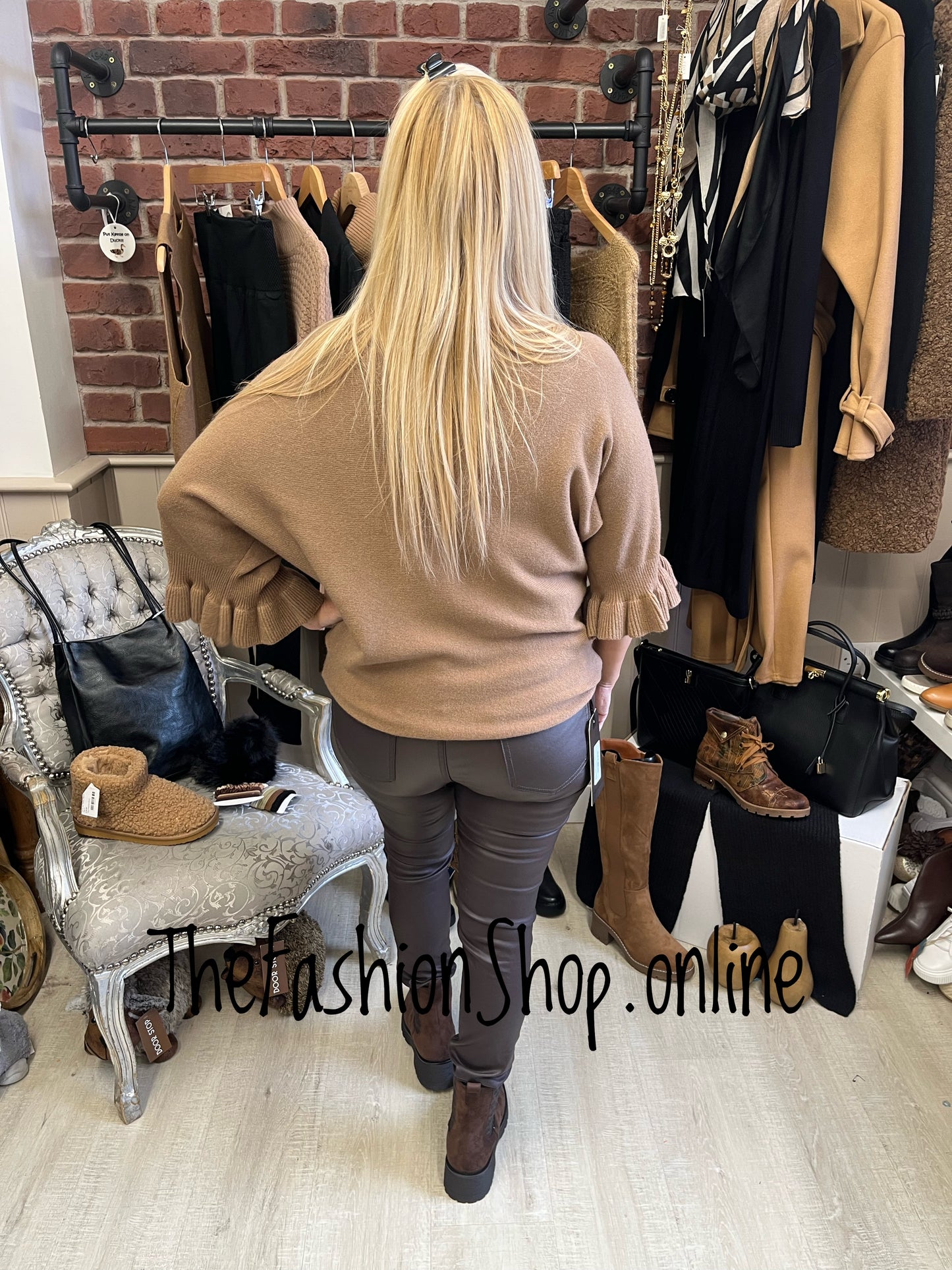 Tess camel jumper with frill sleeve 8-14