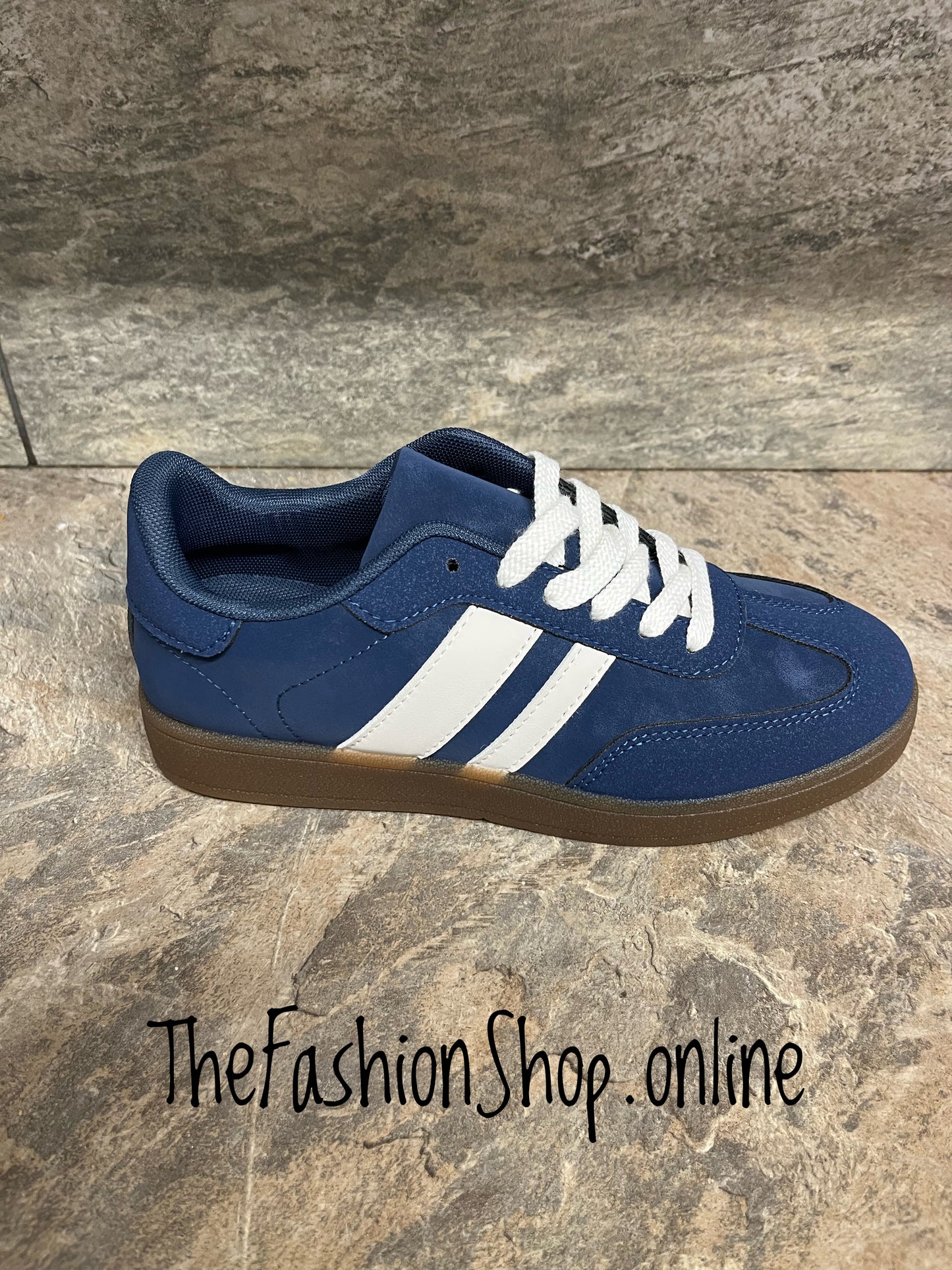 Helen navy twin stripe faux suede trainers sizes 3-8 (36-41)