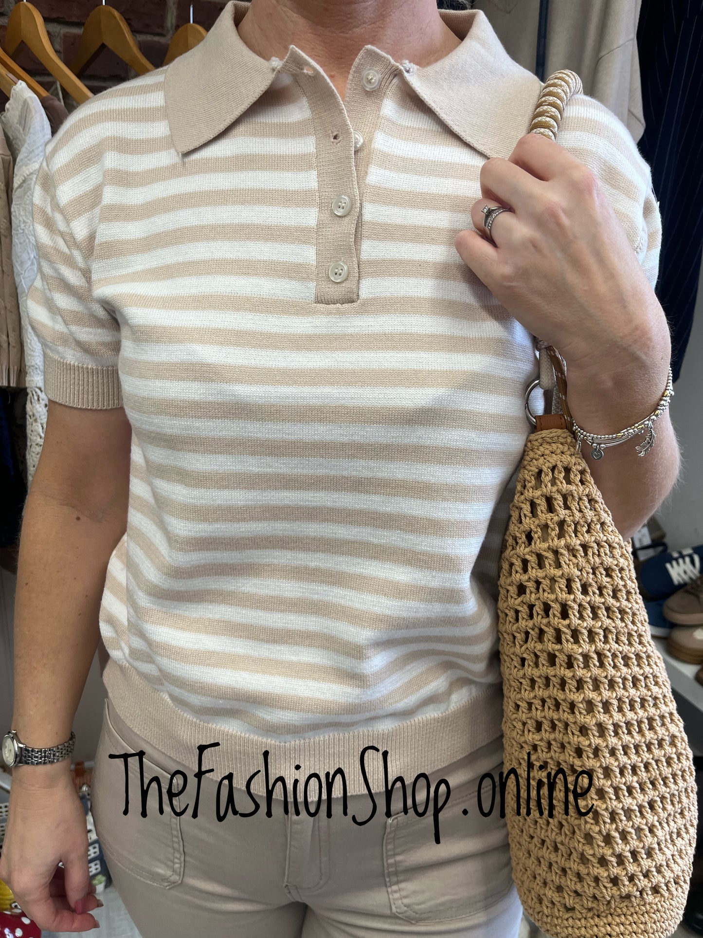 Katie beige and white stripe knitted top 8-14