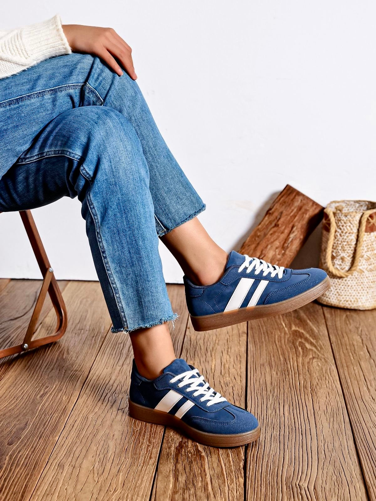 Helen navy twin stripe faux suede trainers sizes 3-8 (36-41)