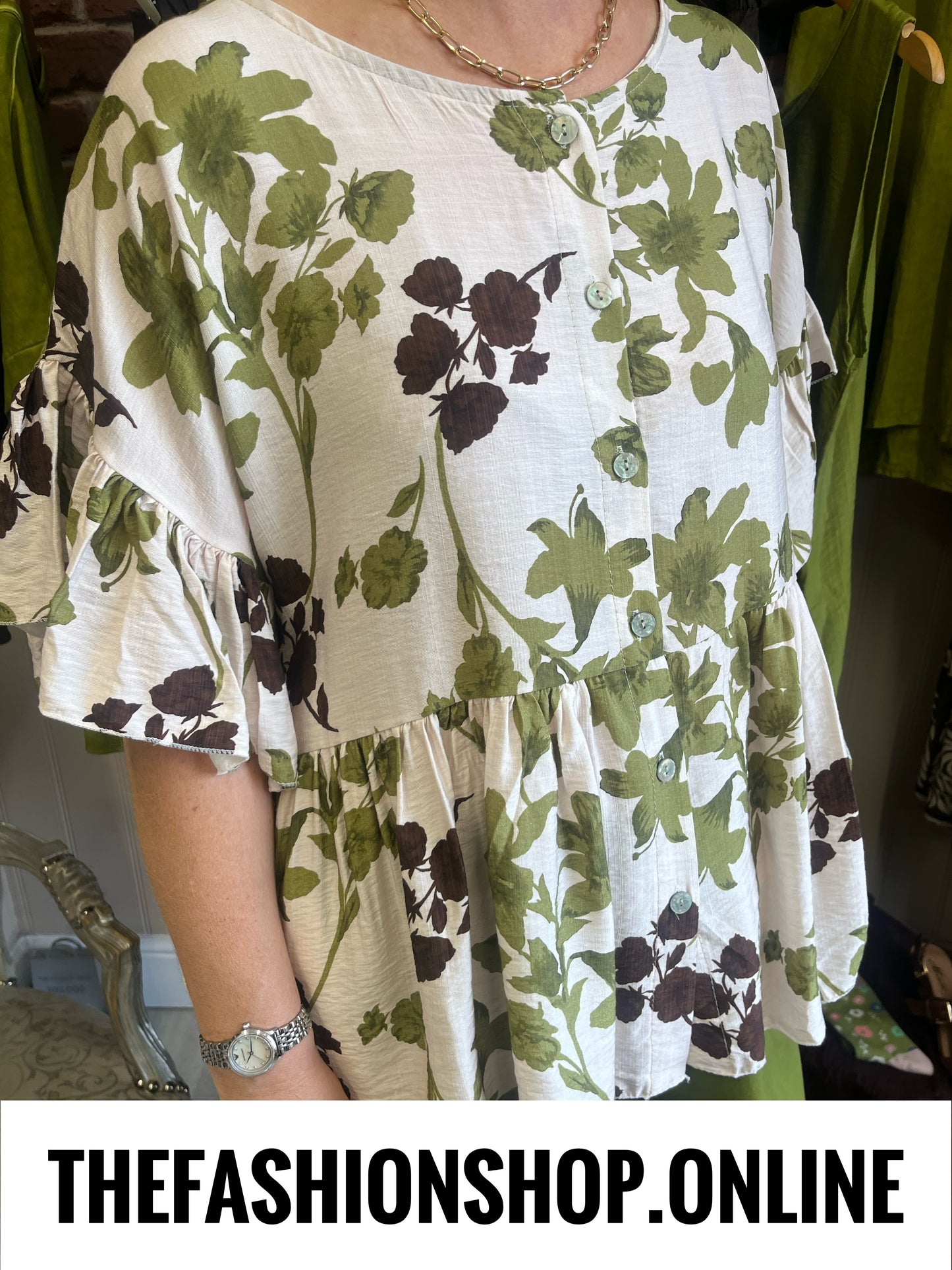 Erica olive and brown floral frill blouse 8-14