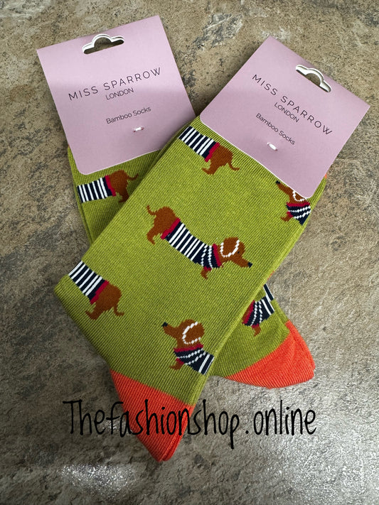 Miss Sparrow Olive Pups Bamboo socks 3-7