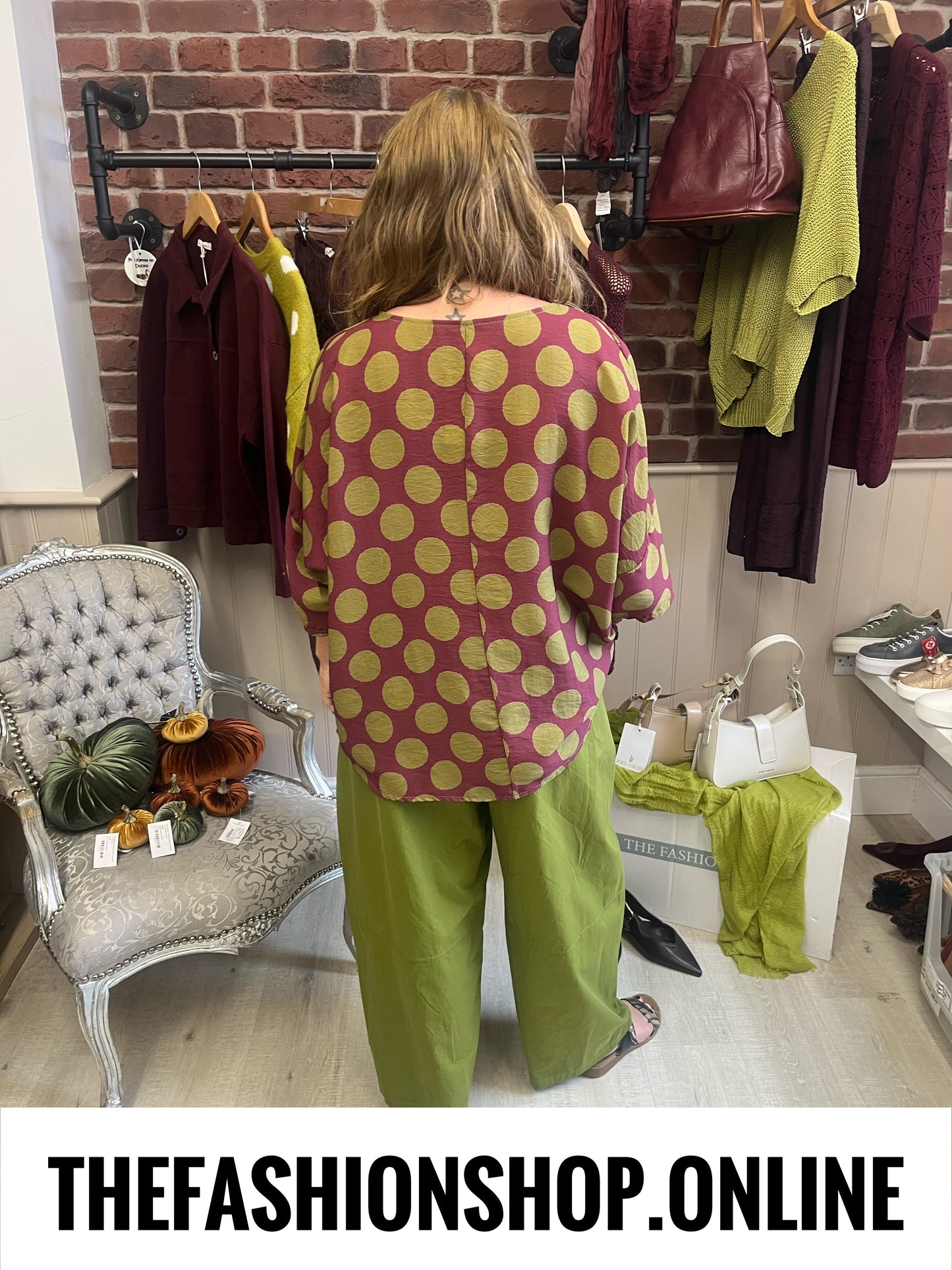 Nancy mulberry and olive spot button top 14-20