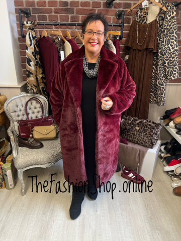 Patsy wine long faux fur coat 8-14 and 16-22