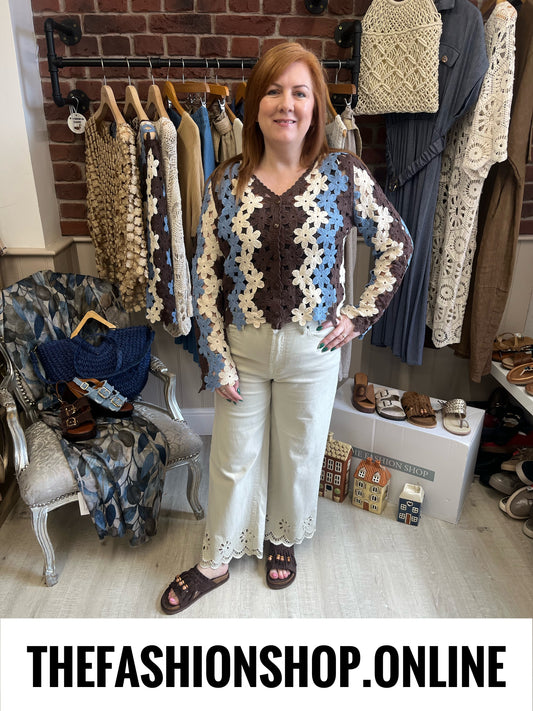 Liv brown, blue and cream crochet cardigan 8-10 and 12-14